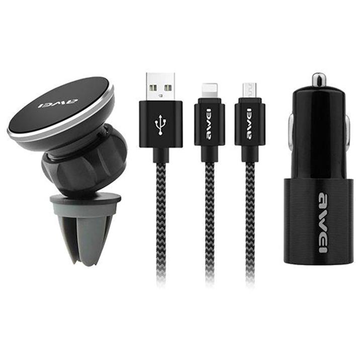 شارژر فندکی اوی مدل x10 همراه با کابل دو سر  و پایه نگه دارنده موبایل awei X10 Car kit car charger with cable and holder